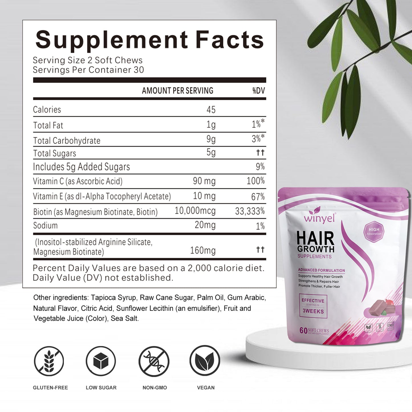 WINYEL Hair Growth Soft Chewables, Containing Hair Growth Vitamins For Men And Women, Biotin, To Help Create Thicker, Fuller, And Stronger Hair, Mixed Berries, 60 Soft Chewables.