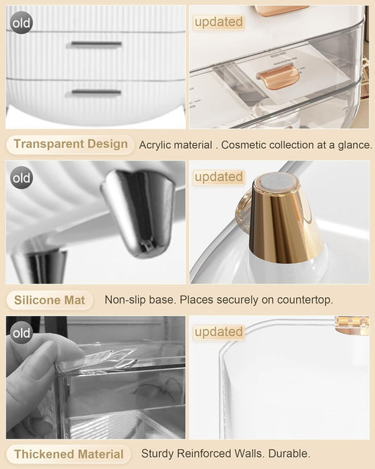 Makeup Organizer With Skincare Holder - Acrylic Cosmetic Storage Box, 4 Colors - Vanity & Bathroom Counter Organizer - Perfect Teen Girl Gift