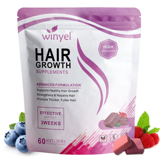 WINYEL Hair Growth Soft Chewables, Containing Hair Growth Vitamins For Men And Women, Biotin, To Help Create Thicker, Fuller, And Stronger Hair, Mixed Berries, 60 Soft Chewables.